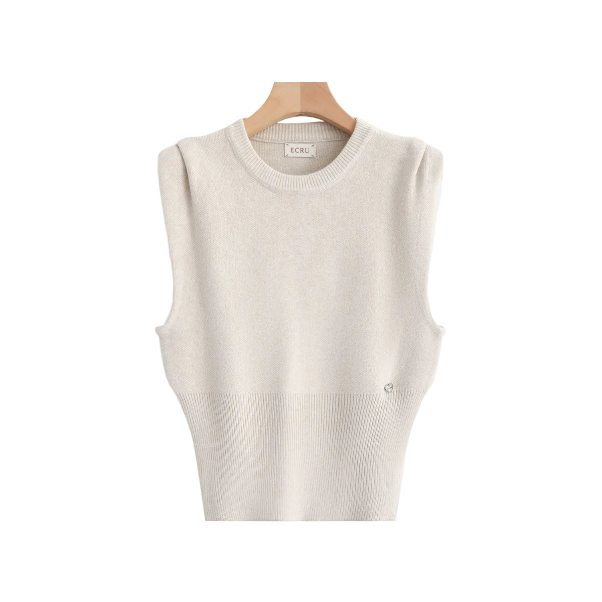 A sleeveless cream-colored knit sweater vest displayed on a wooden hanger against a light gray background