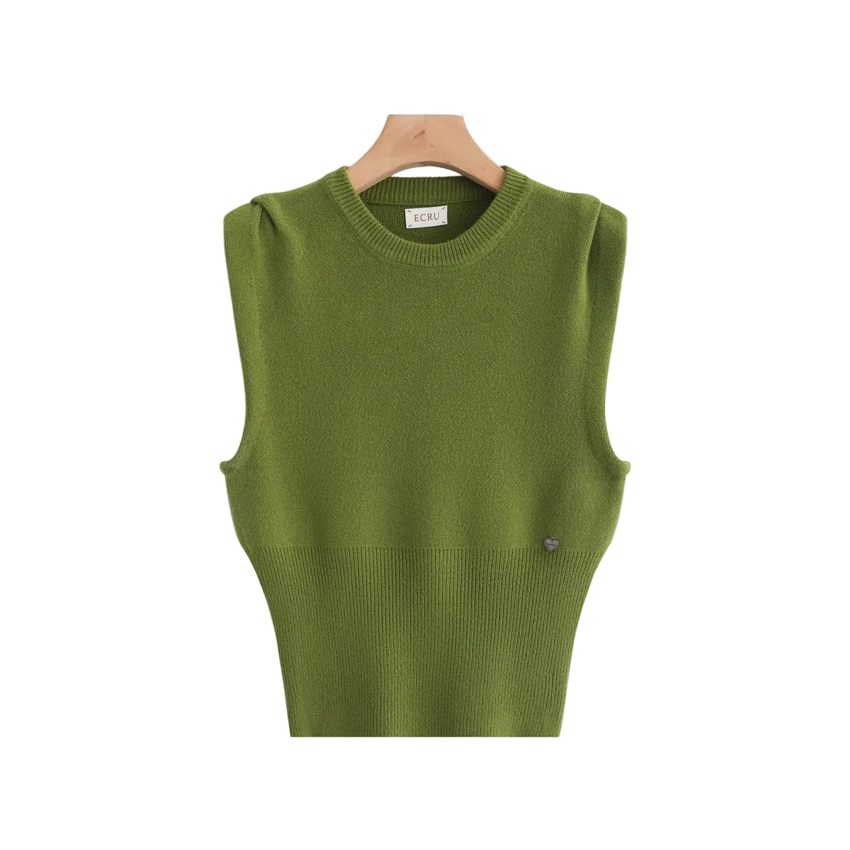 An olive green sleeveless knit sweater vest hanging on a wooden hanger against a light gray background, with the text 'ECRU7189' in the top right corner.