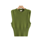 An olive green sleeveless knit sweater vest hanging on a wooden hanger against a light gray background, with the text 'ECRU7189' in the top right corner.