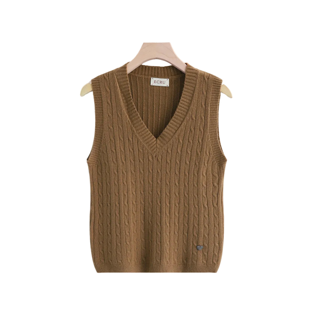 A brown cable-knit V-neck sweater vest 
