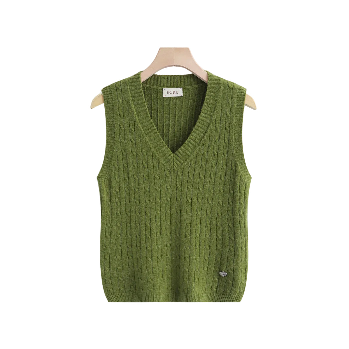 An olive green cable-knit sweater vest with a V-neck,