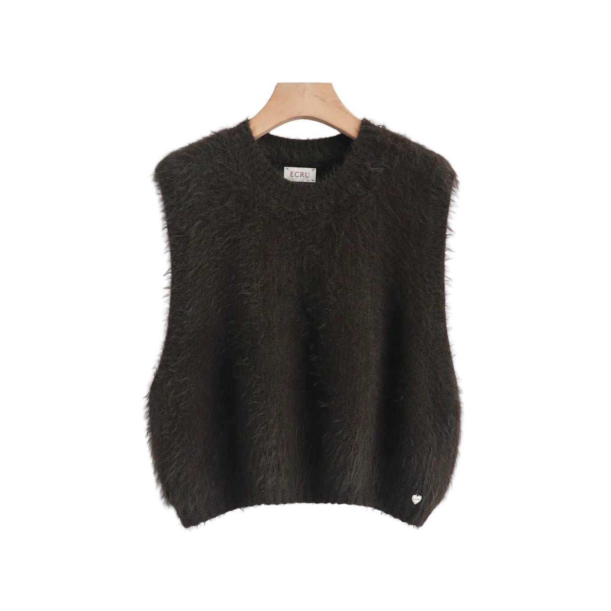 A dark brown fuzzy knit sweater vest hanging on a wooden hanger against a light gray background,