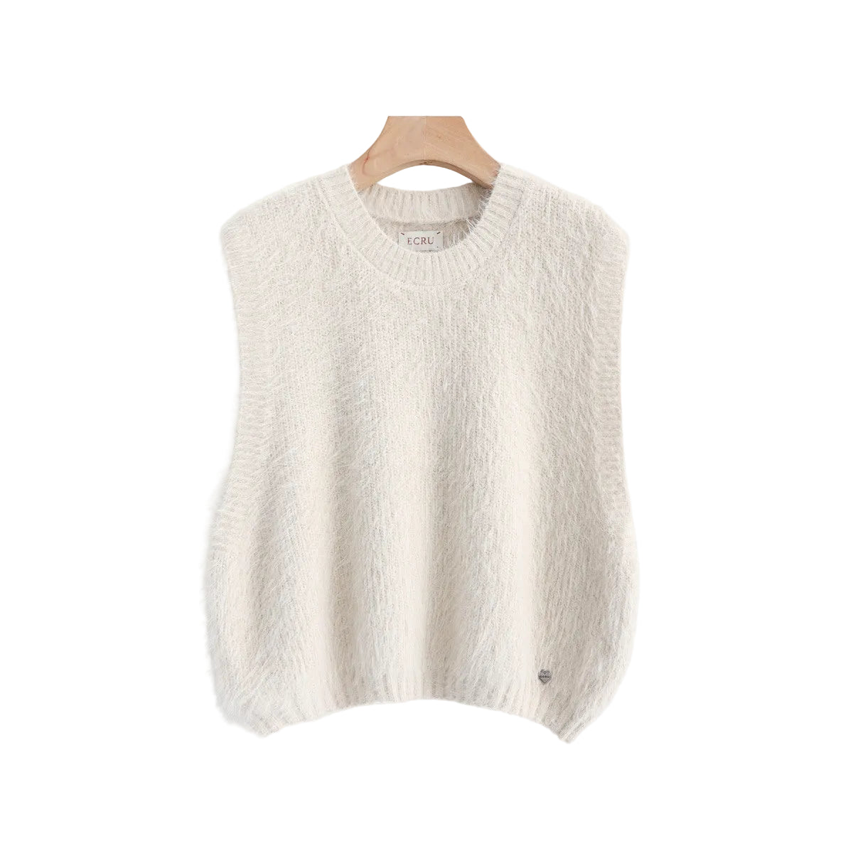 An off-white textured knit sweater vest hanging on a wooden hanger against a white background,