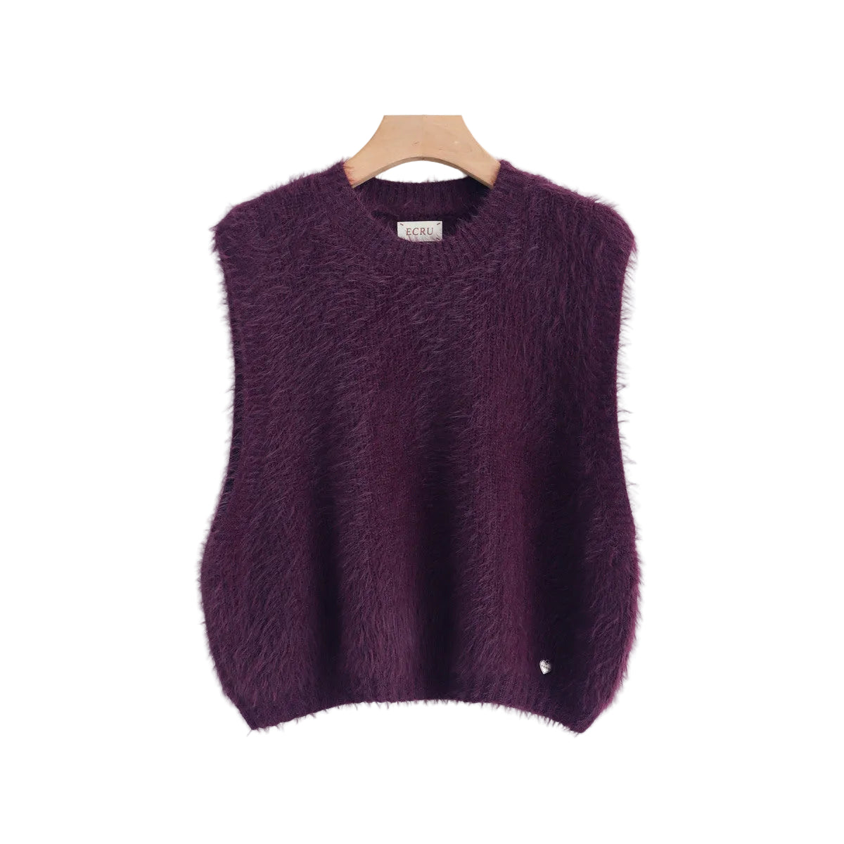 A sleeveless fuzzy knit sweater vest in deep purple, hanging on a wooden hanger against a plain white background.