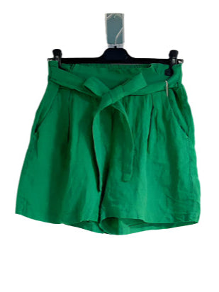 Green shorts on a hanger against a white background