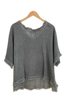 Grey top with v neck and frayed edge to neck and bottom