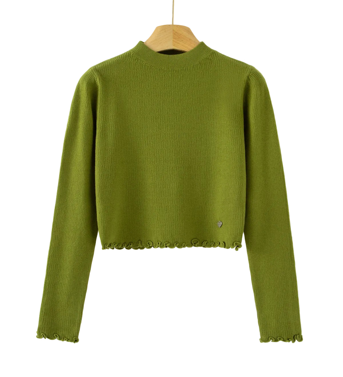 An olive green long-sleeve knit sweater with a cropped hem and scalloped edges, hanging on a wooden hanger against a plain white background. 