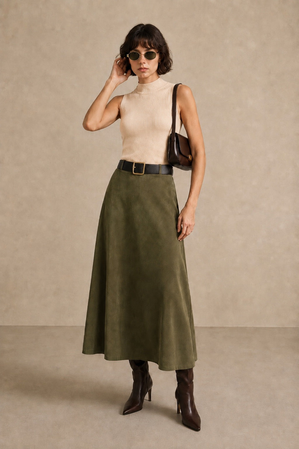Suede feel olive green flared skirt