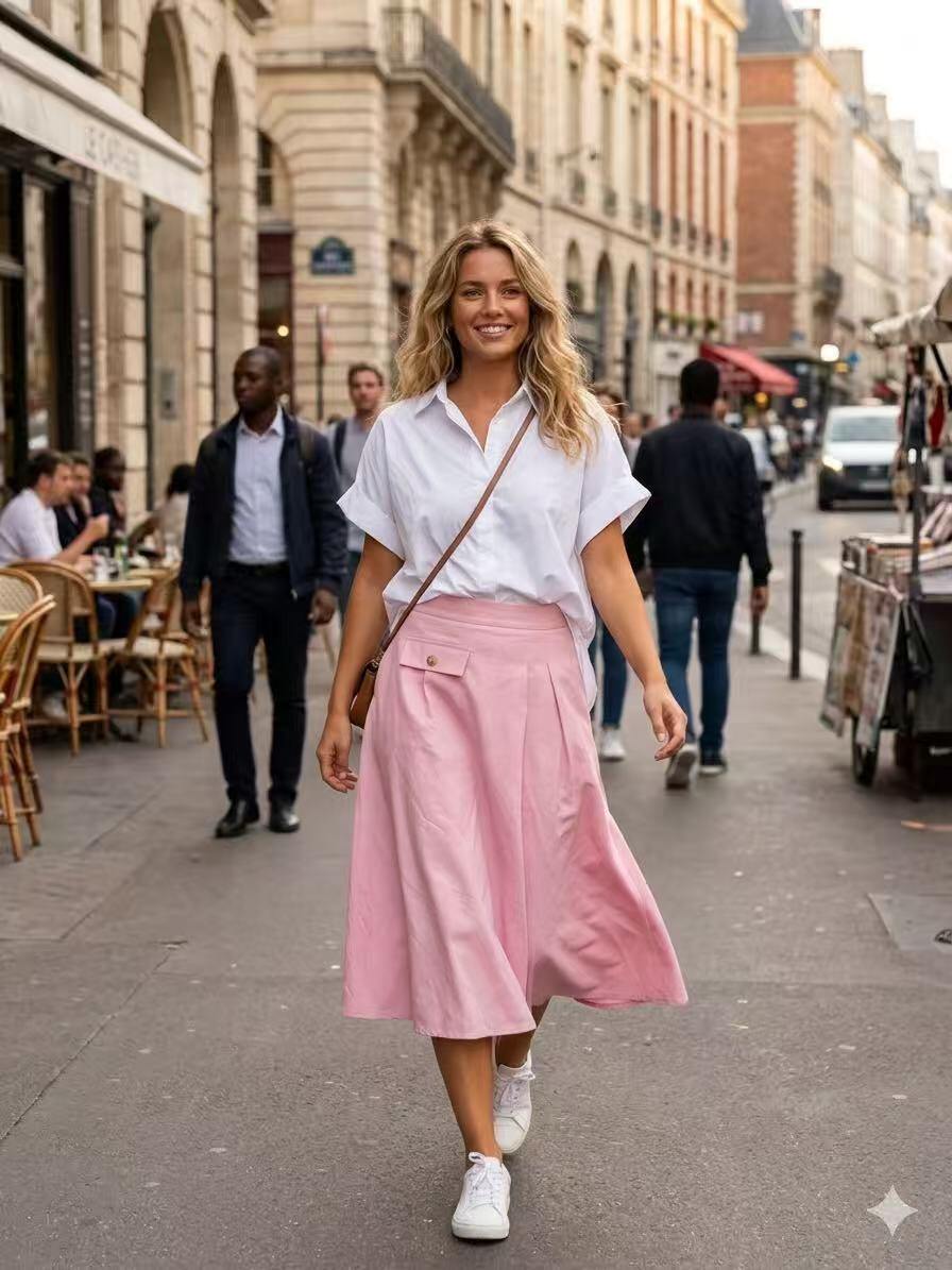 Woman walking on a city street wearing a white shirt and pink skirt.