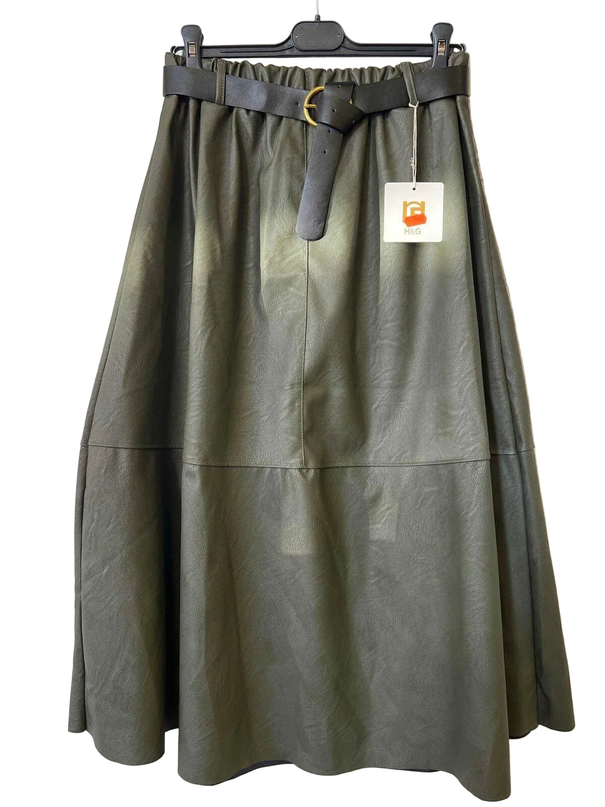 An olive green faux leather A-line skirt with a matching black belt