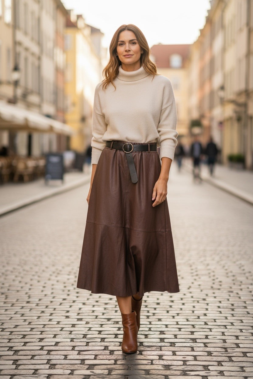 A woman stands on a cobblestone street wearing a cream turtleneck sweater, a brown midi skirt with a black belt, and brown ankle boots.
