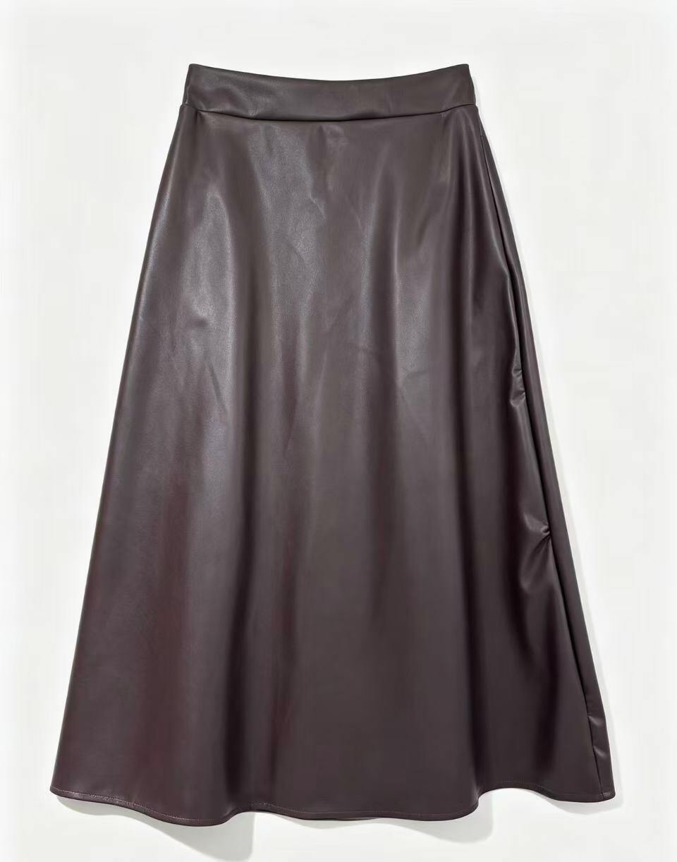 A burgundy leather A-line skirt with a wide waistband,