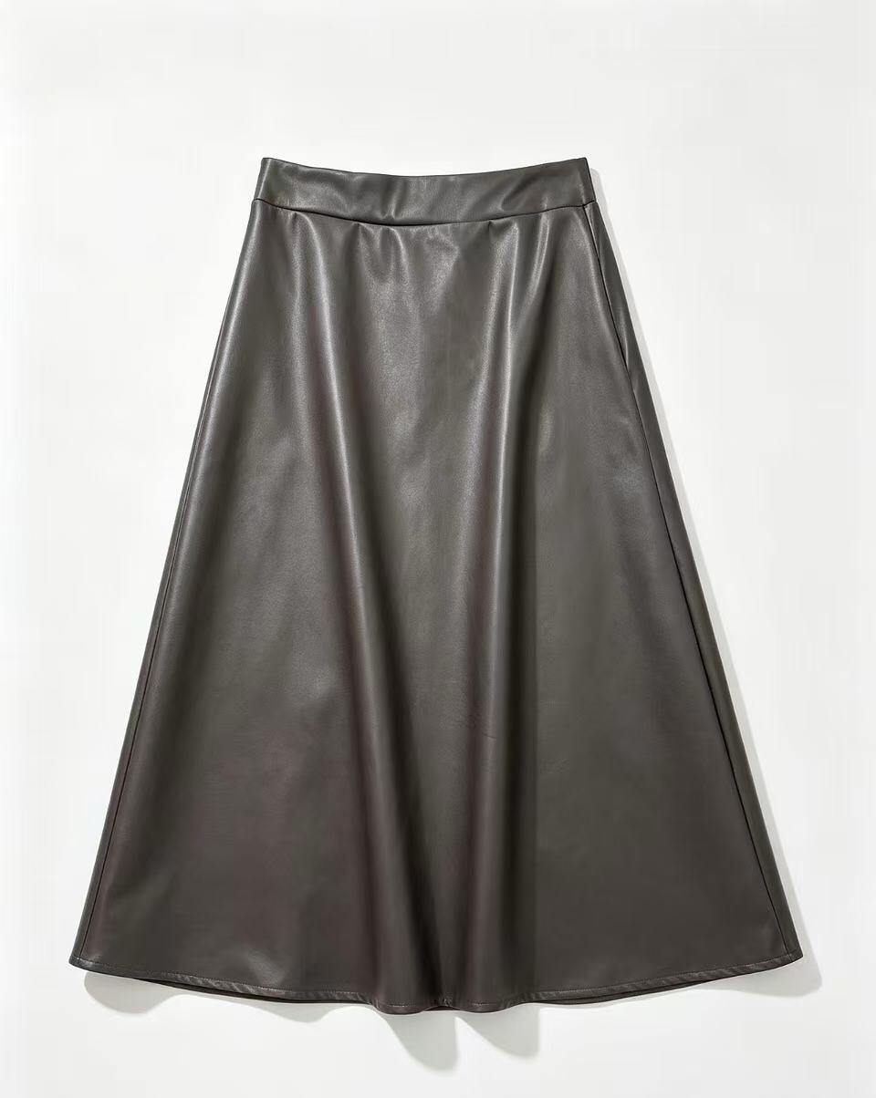 A dark brown leather A-line skirt with a wide waistband, displayed flat against a clean white background.