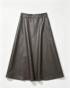 A dark brown leather A-line skirt with a wide waistband, displayed flat against a clean white background.