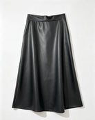 A black faux-leather A-line midi skirt with a wide waistband, displayed against a plain white background.