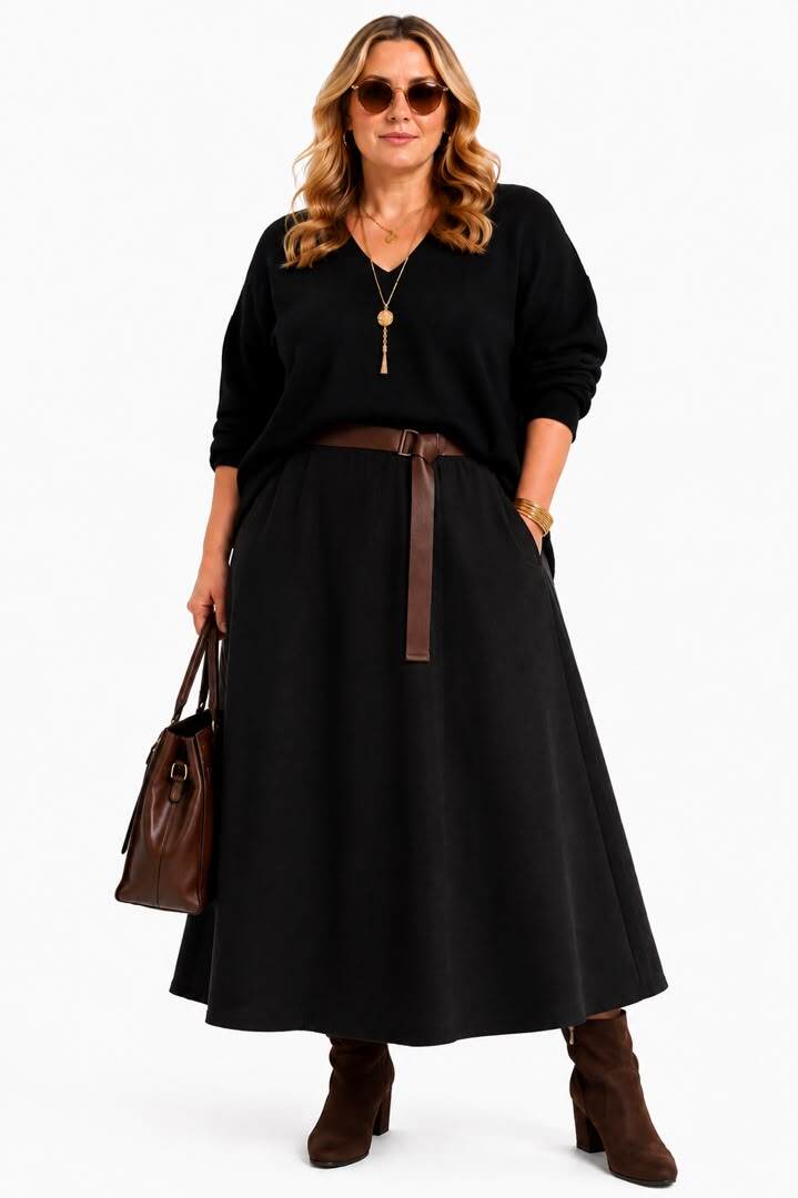 A woman modeling a black long-sleeve top and matching black midi skirt with a brown belt, styled with brown ankle boots, sunglasses, a gold pendant necklace, and a brown handbag against a plain white background.