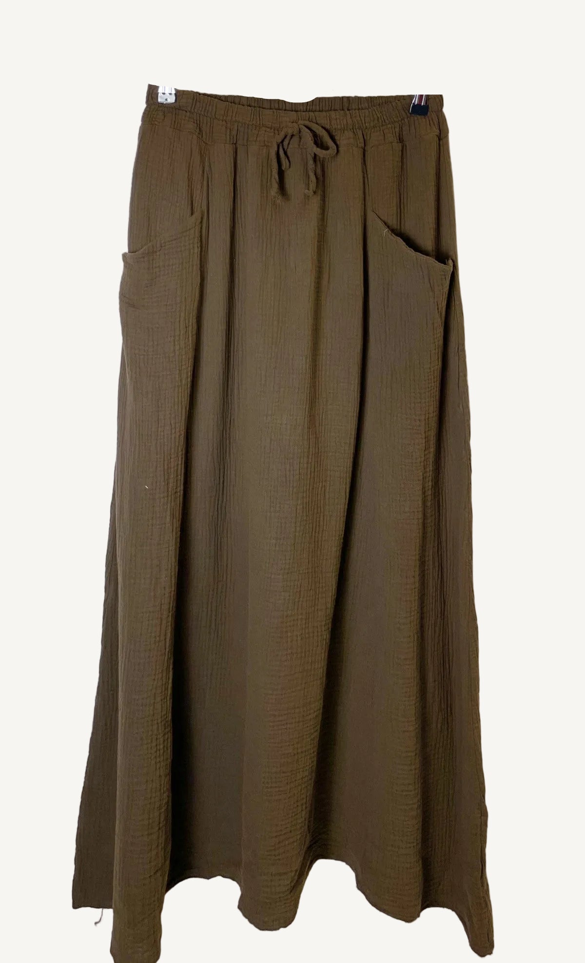 Brown skirt with a drawstring waist on a white background