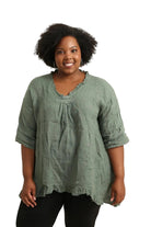 Woman wearing a khaki blouse against a white background