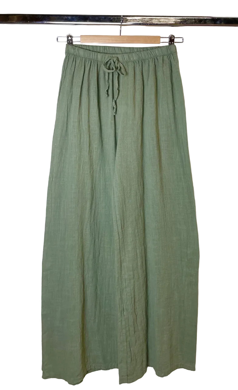 khaki wide leg cotton trouser on a white background