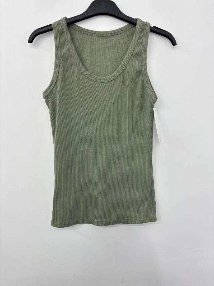 khaki tank top on a hanger against a white background