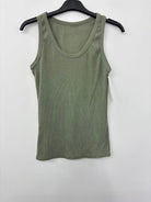 khaki tank top on a hanger against a white background