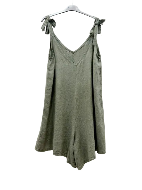 A khaki green sleeveless romper playsuit with tie-shoulder straps