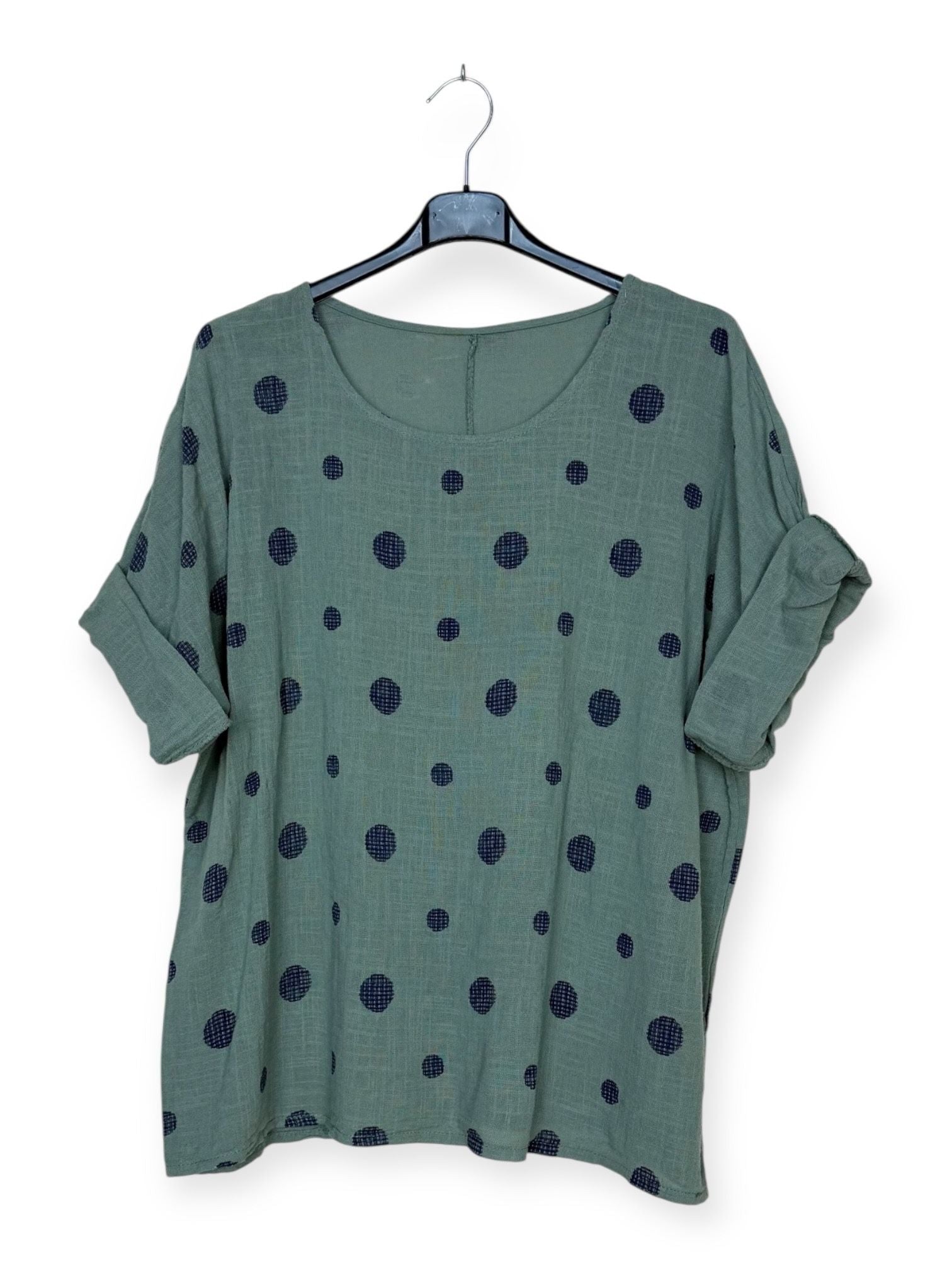 Khaki polka dot cotton top with short sleeves and round neck