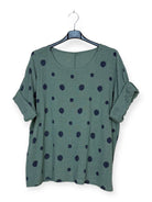 Khaki polka dot cotton top with short sleeves and round neck