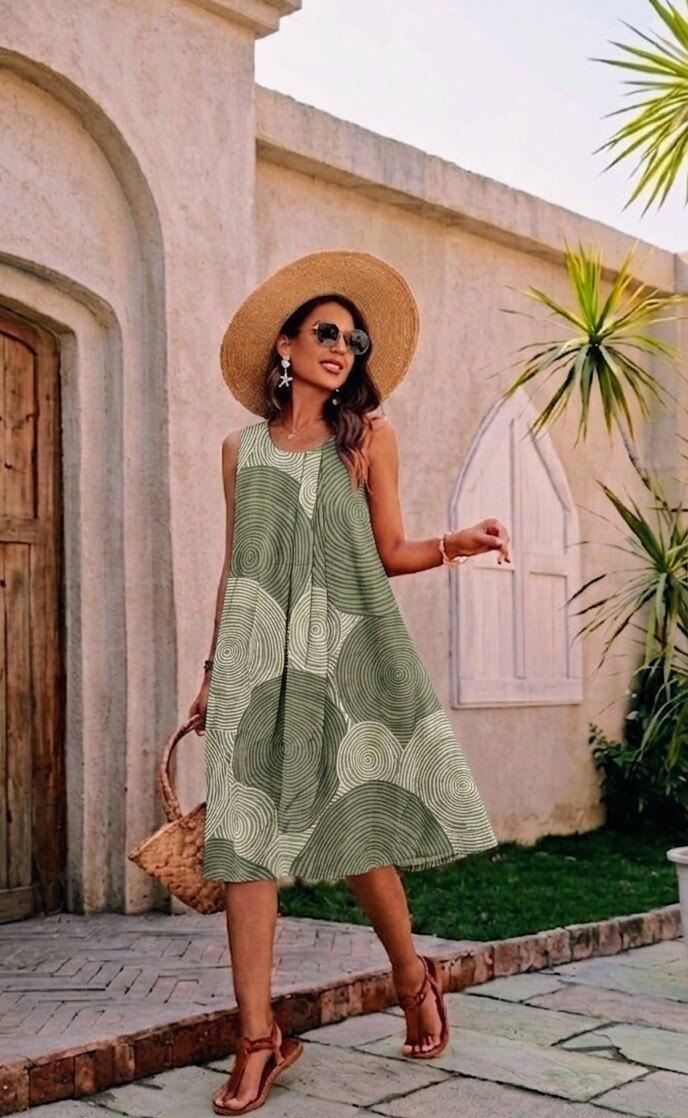khaki printed sleeveless dress
