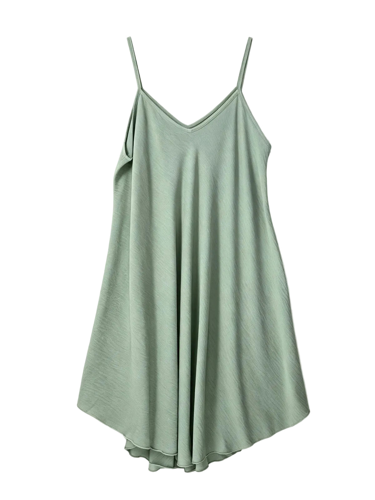 A sage green slip dress with thin spaghetti straps and a V-neckline, displayed against a clean white background.