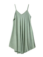 A sage green slip dress with thin spaghetti straps and a V-neckline, displayed against a clean white background.