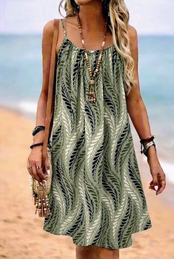 khaki strappy printed dress