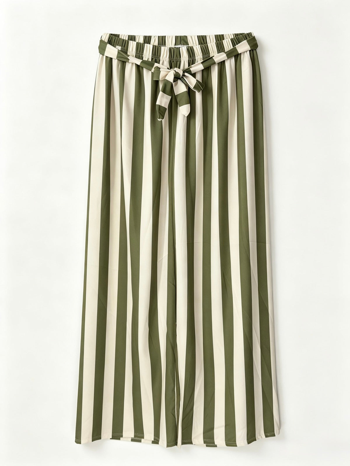 Khaki and white striped trousers with a tie waist on a white background