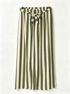Khaki and white striped trousers with a tie waist on a white background