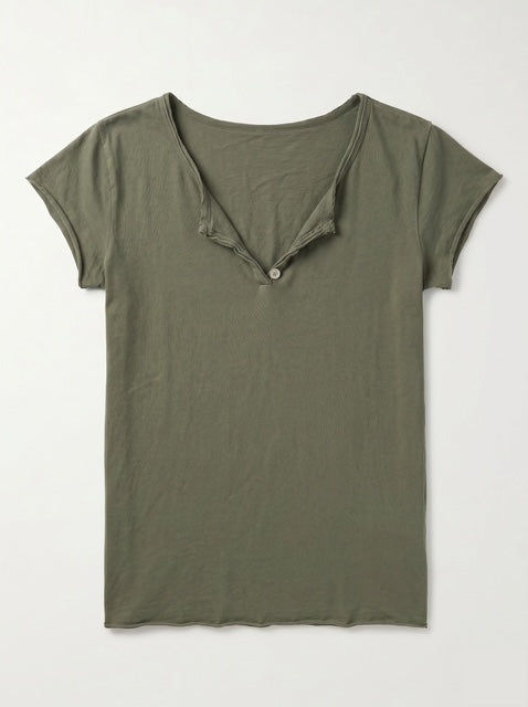 A khaki green short-sleeve t-shirt with a split V-neck and a small button detail at the center, laid flat against a light gray background.