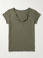 A khaki green short-sleeve t-shirt with a split V-neck and a small button detail at the center, laid flat against a light gray background.