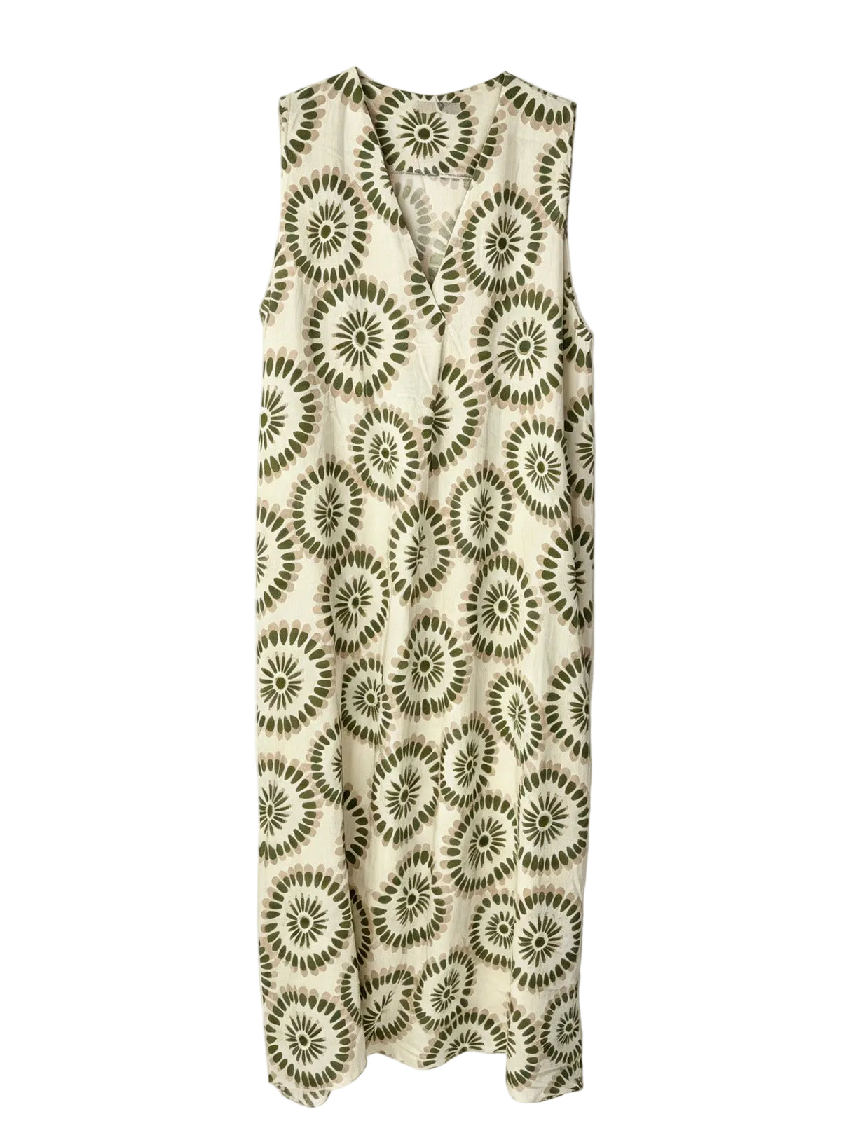 sleeveless v neck khaki print dress