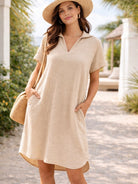 Beige cotton gauze dress with collar and short sleeves