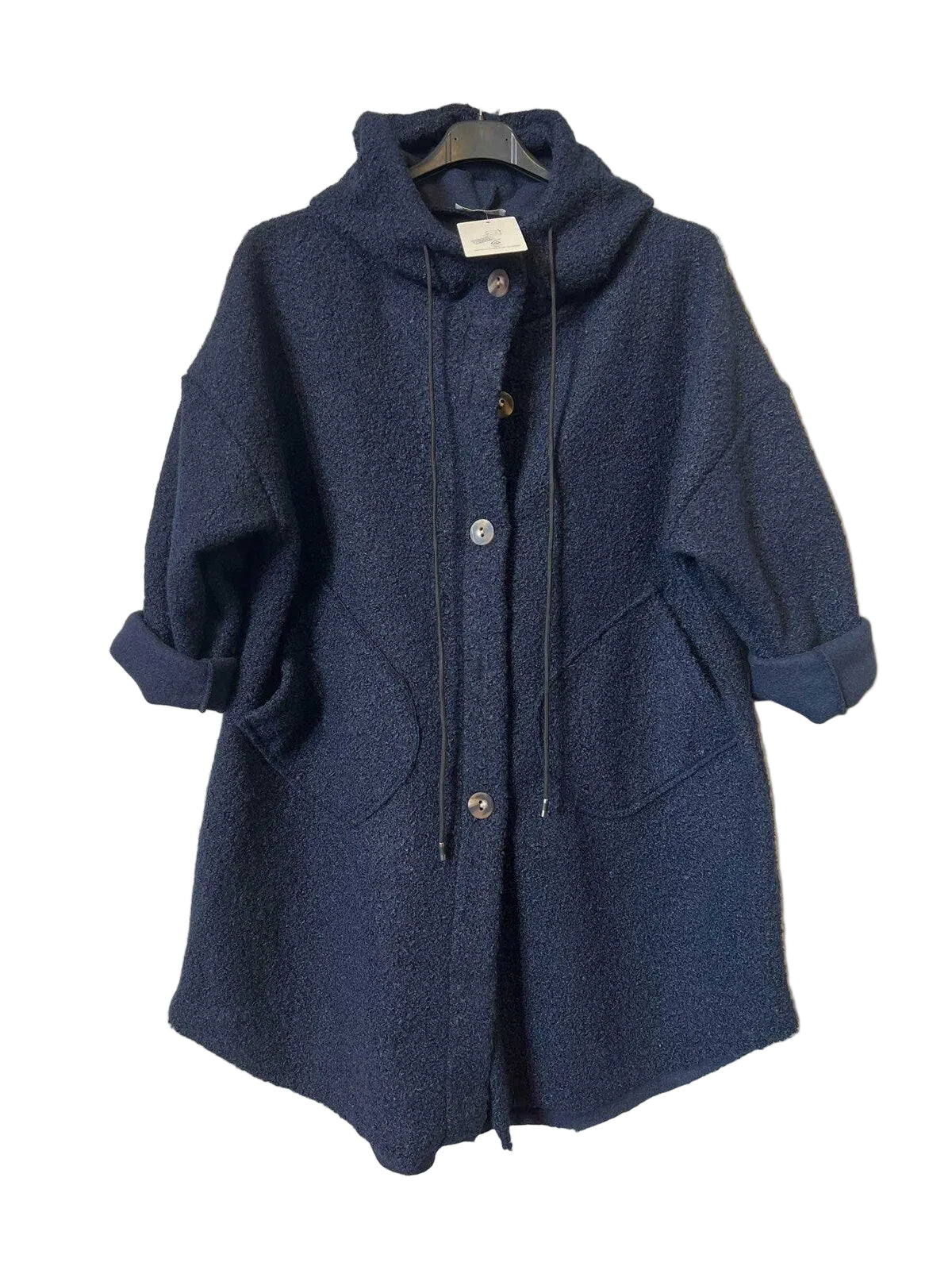 A dark navy blue textured hooded coat with a button front