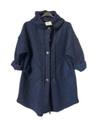 A dark navy blue textured hooded coat with a button front