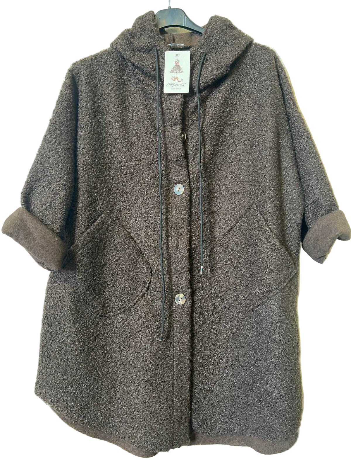 A brown textured hooded  coat with drawstrings and button closures, 