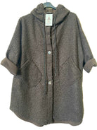 A brown textured hooded  coat with drawstrings and button closures, 