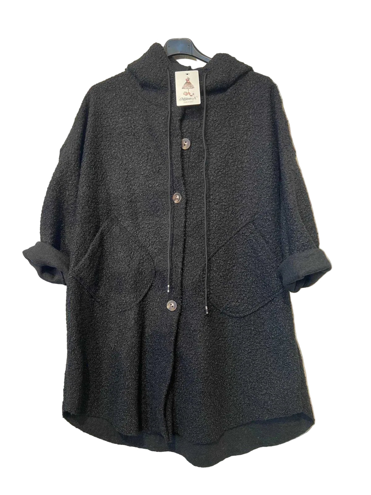 A black  textured hooded coat with a drawstring and front buttons, 