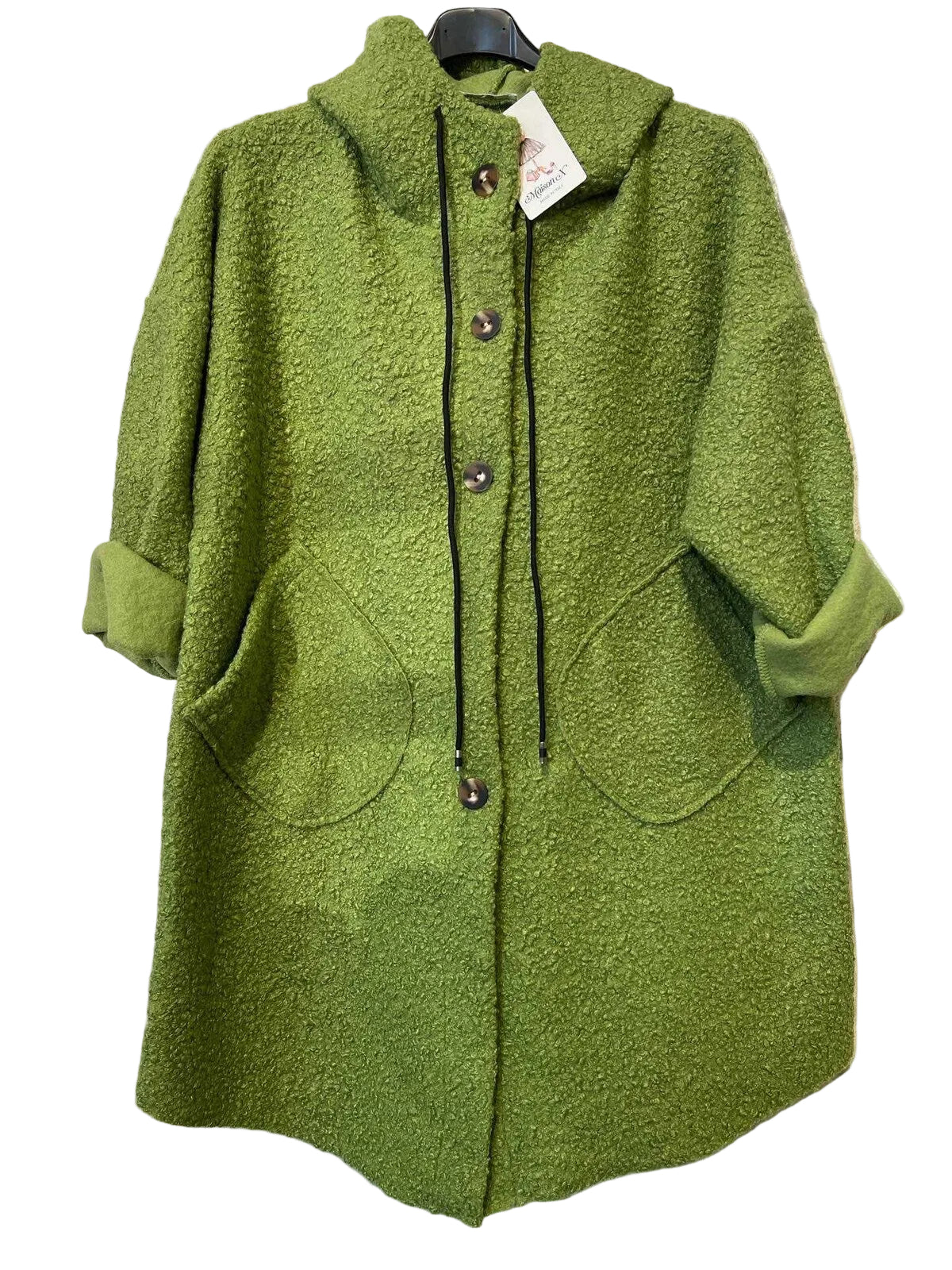 A textured olive green hooded coat with a button front,