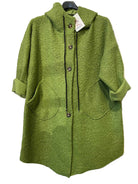 A textured olive green hooded coat with a button front,