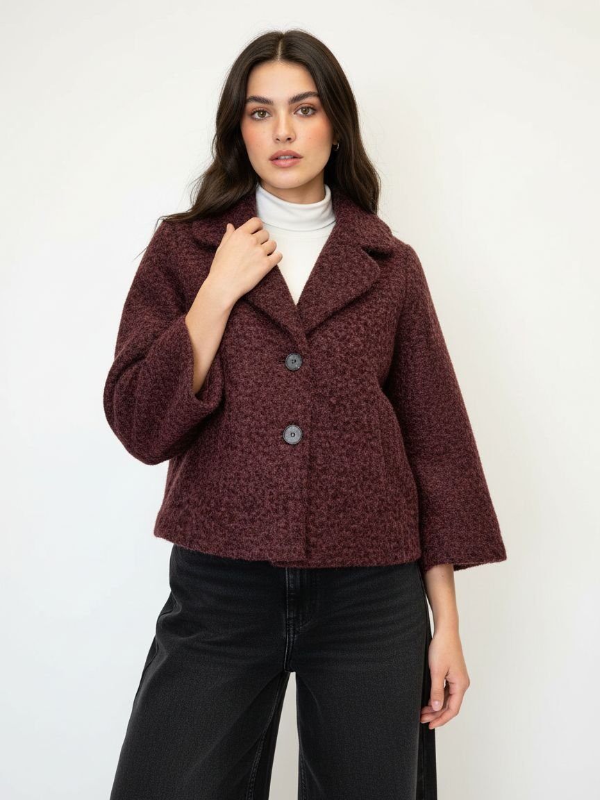 A woman modeling a textured, cropped dark burgundy jacket with wide lapels and three front buttons, worn over a white turtleneck and black wide-leg jeans, against a plain white background.