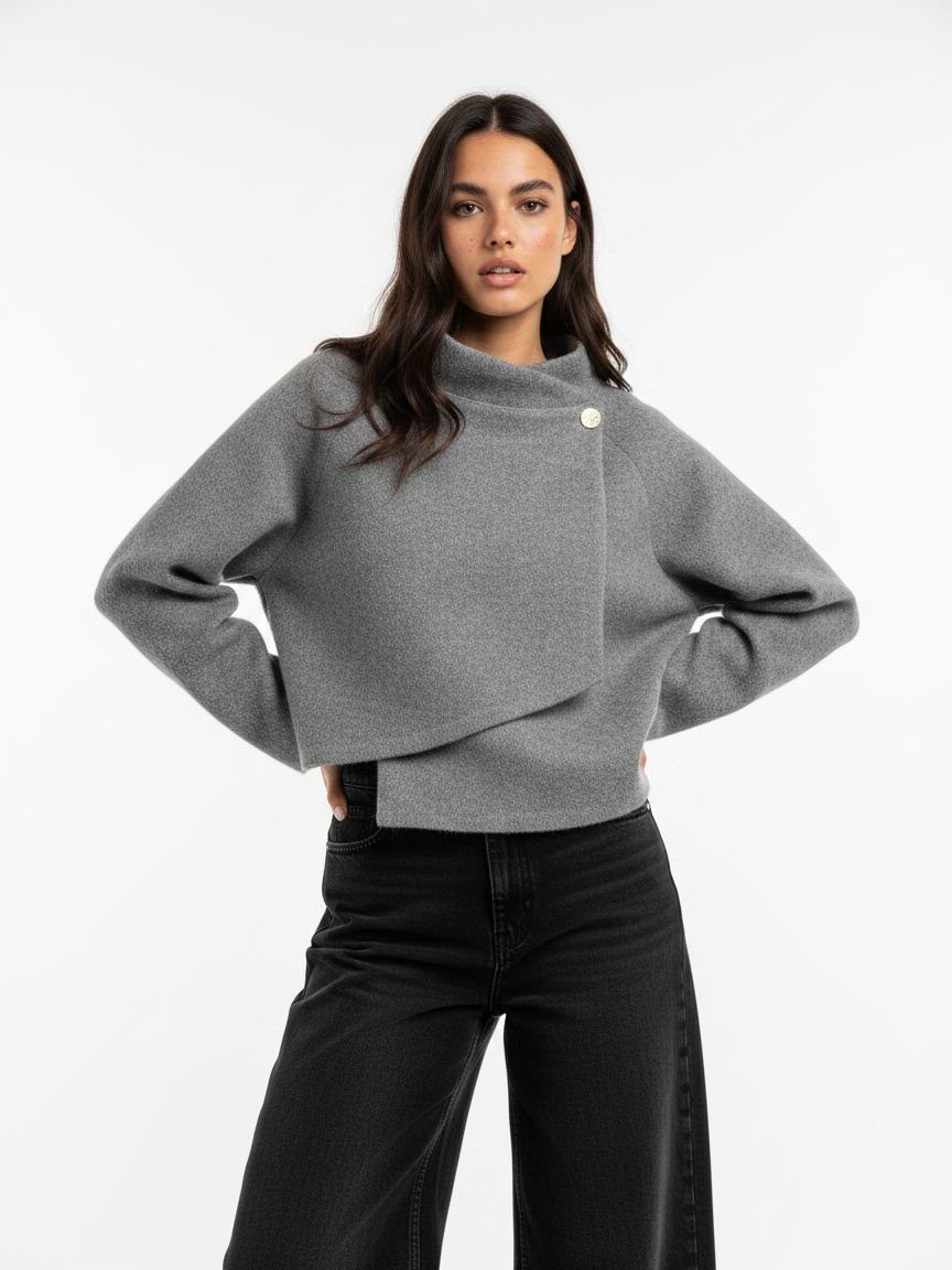 Grey short jacket with one button fastening