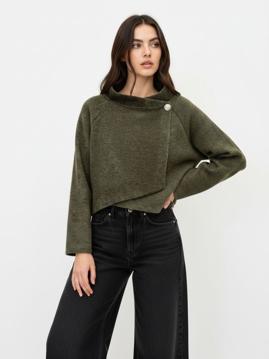 Khaki wrap coat with one button fastening