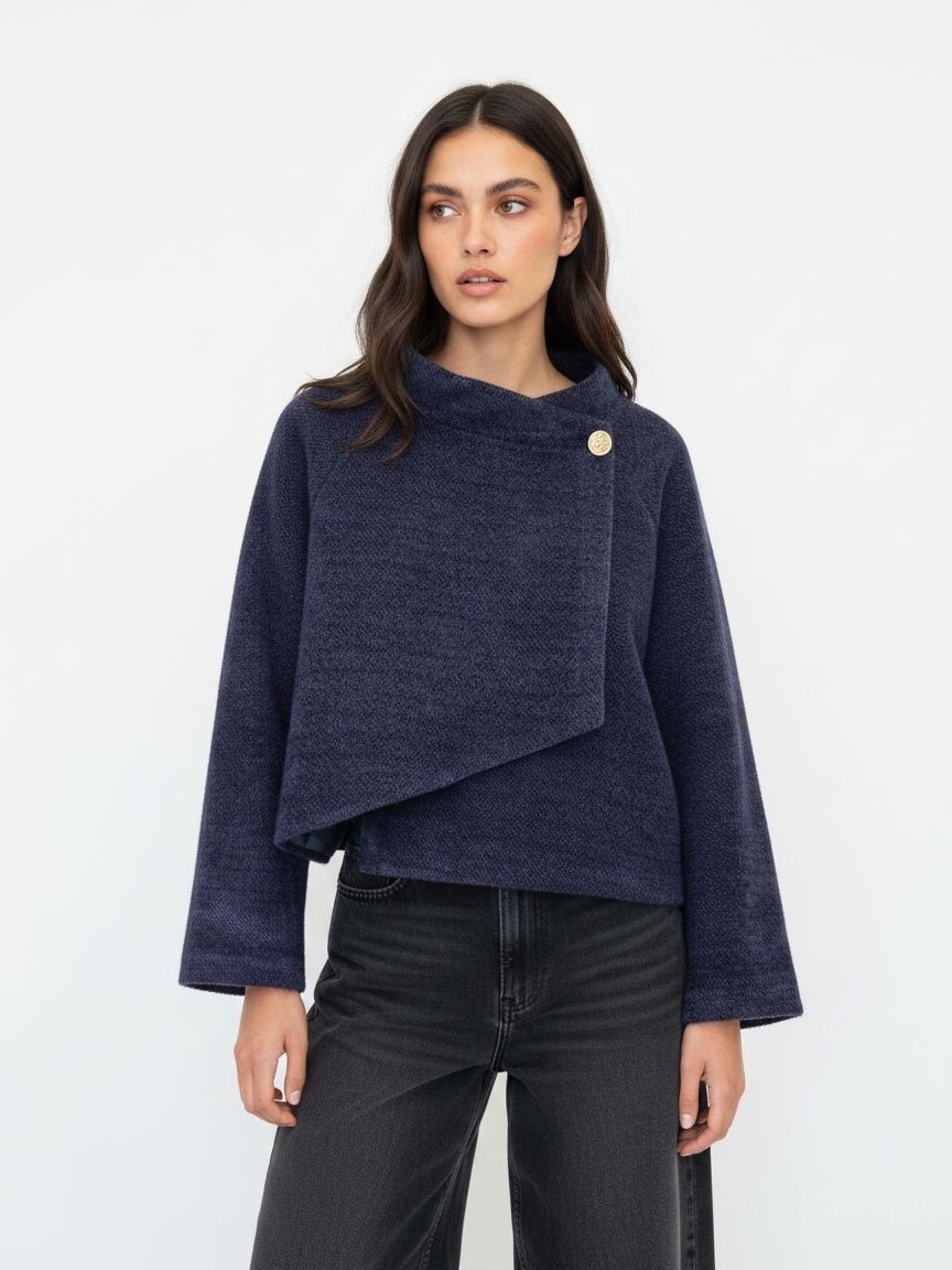 A woman modeling a navy blue textured knit wrap jacket with a single gold button closure, paired with black jeans, against a plain white studio background.