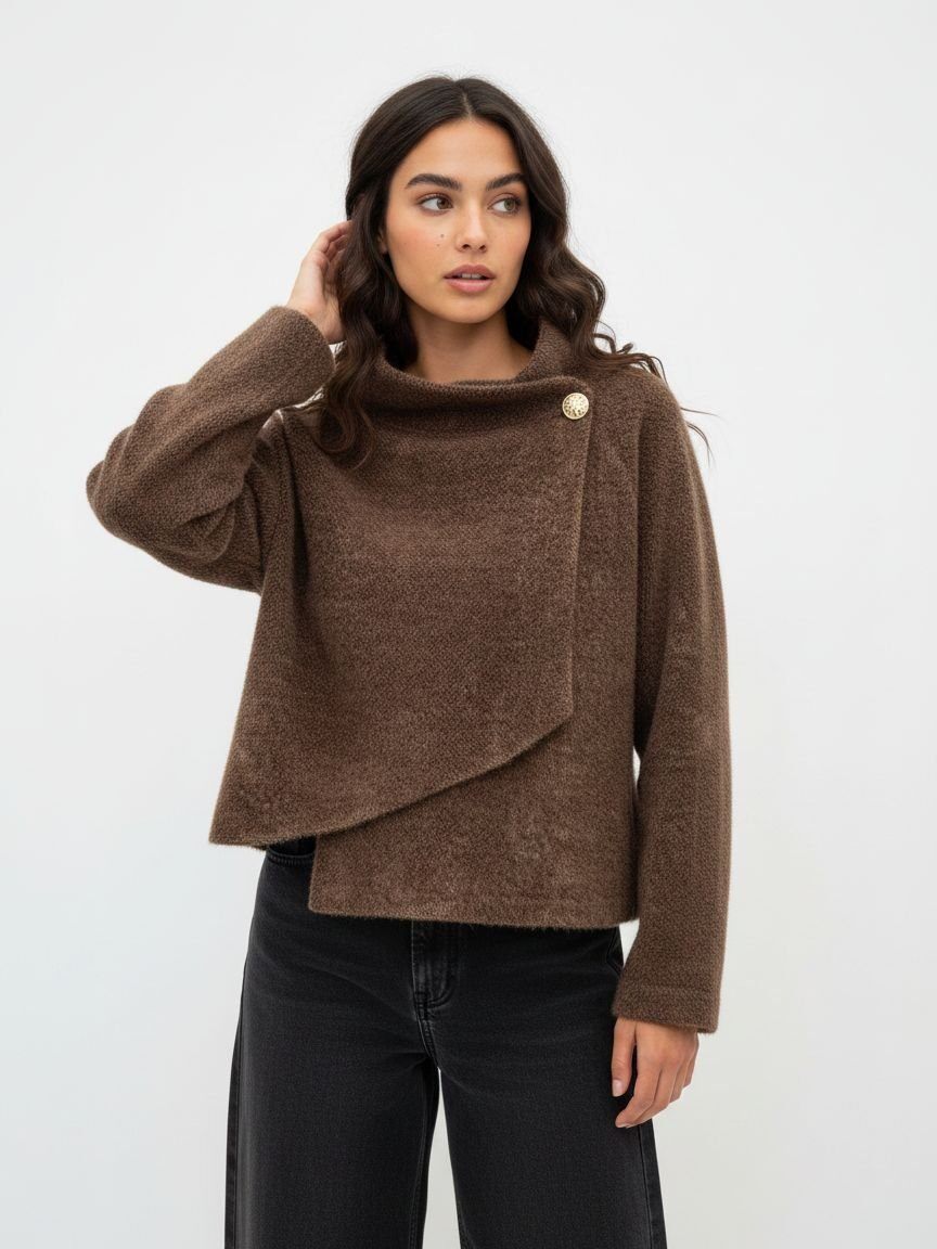 A woman modeling a brown textured knit asymmetrical wrap jacket with a single decorative gold button, paired with black wide-leg jeans, against a plain white studio background.
